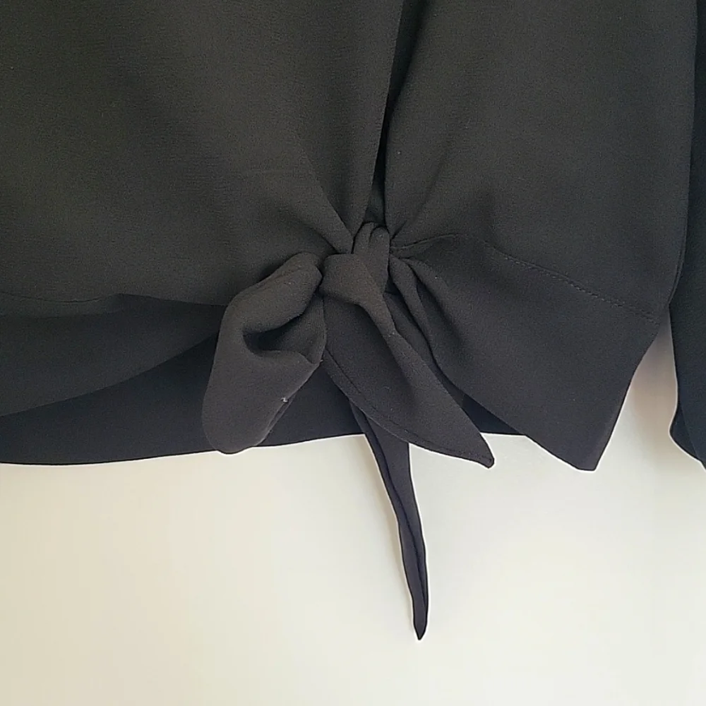 TAHARI ASL BLACK LONG SLEEVE BLOUSE TIE WAIST KEYHOLE BACK XSMALL